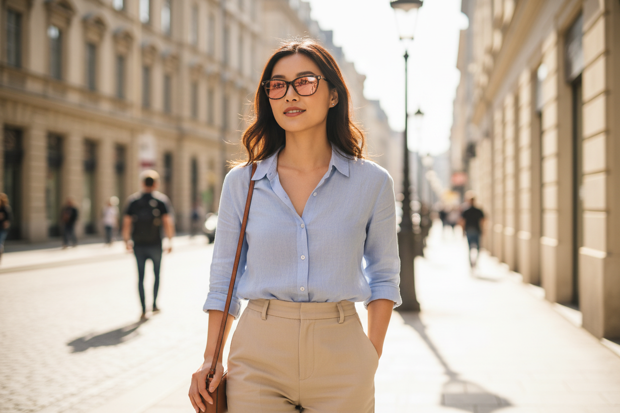 East Asian woman wearing tortoise cat-eye FL-41 glasses on city street