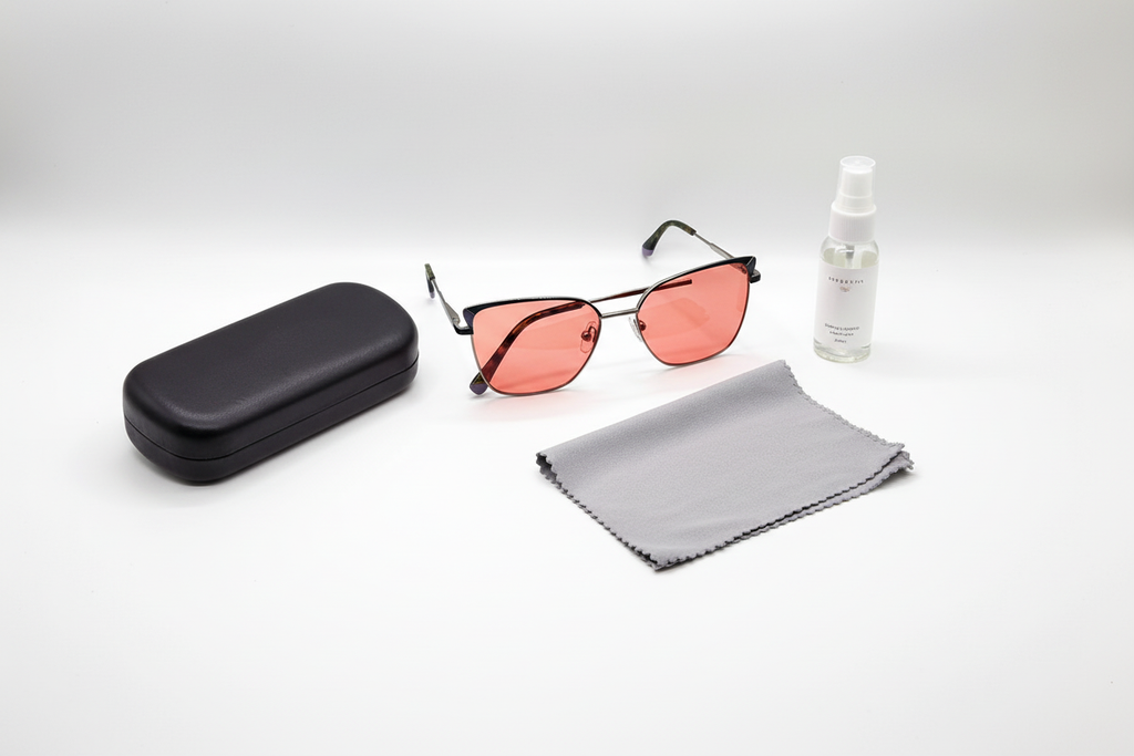 Ladies FL-41 Glasses F8028 C10 Tortoise/Green with black clamshell case, lens cleaning cloth, and lens cleaner bottle