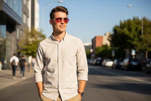 White man wearing gold/tortoise aviator FL-41 glasses on city street