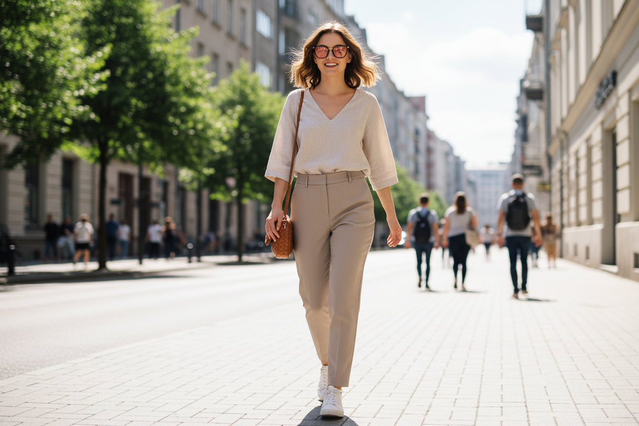White woman wearing black & gold cat-eye FL-41 glasses on city street