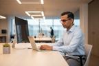 South Asian man wearing black rectangle FL-41 glasses at office