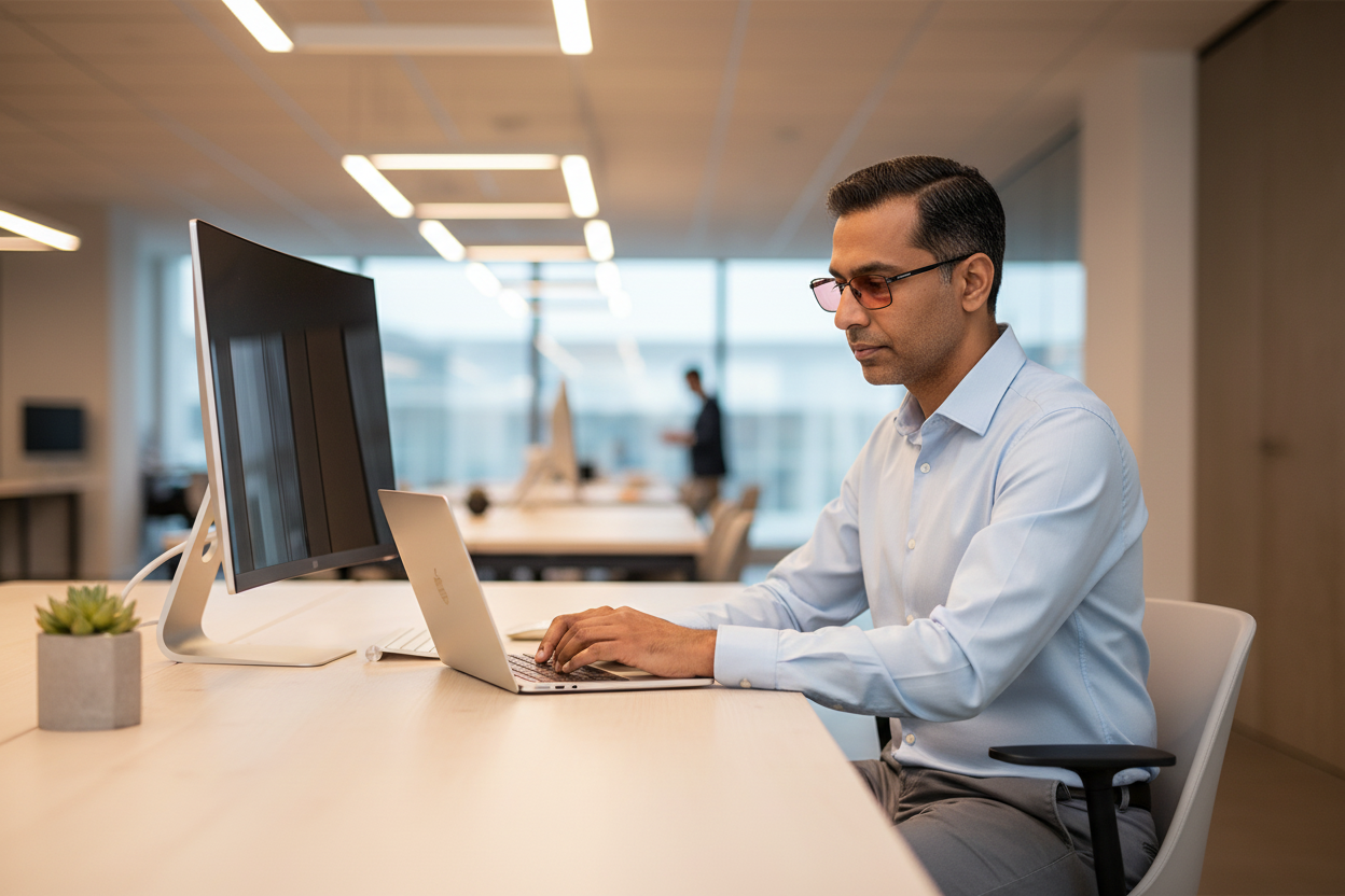 South Asian man wearing black rectangle FL-41 glasses at office