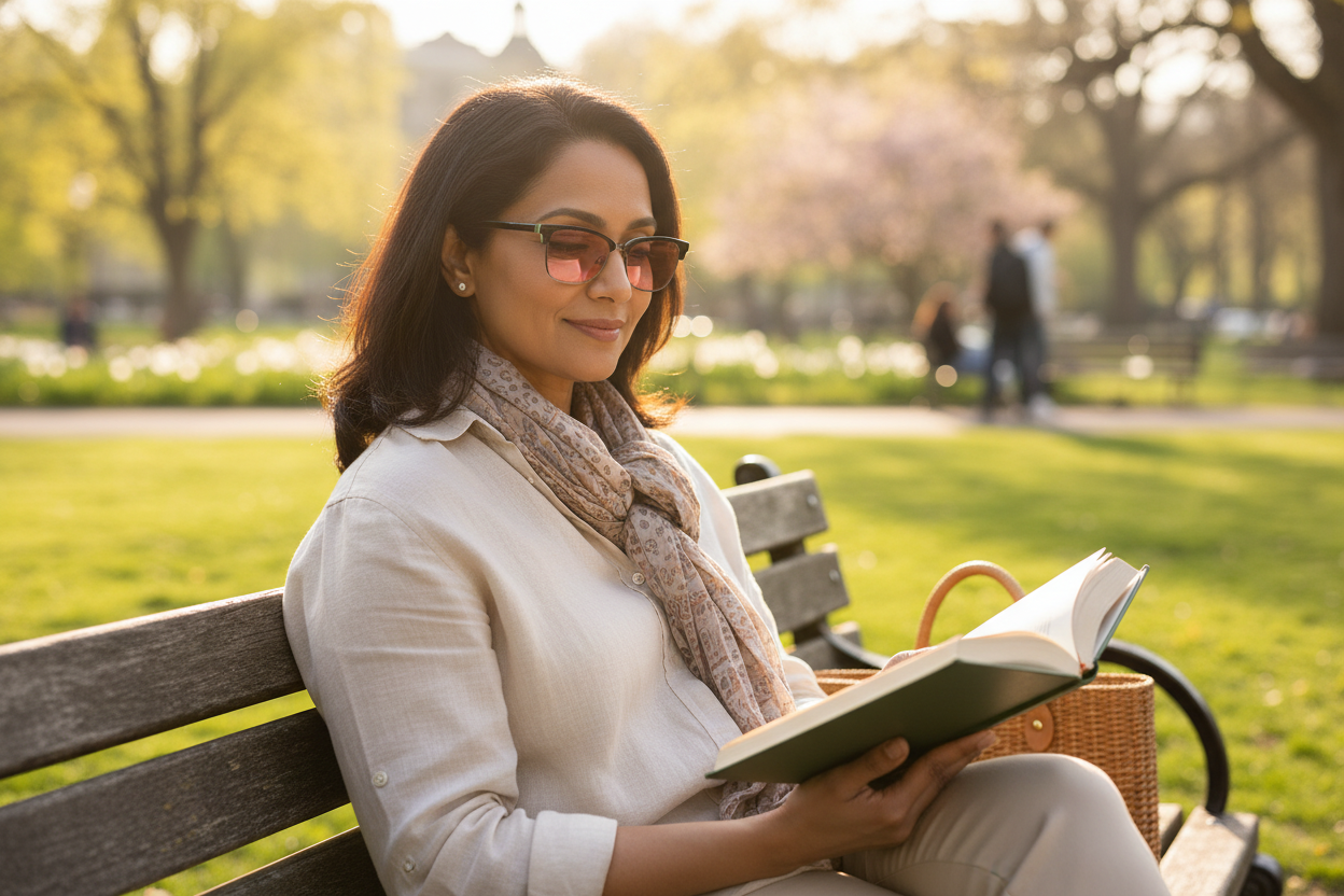 South Asian woman wearing tortoise-gray cat-eye FL-41 glasses outdoors