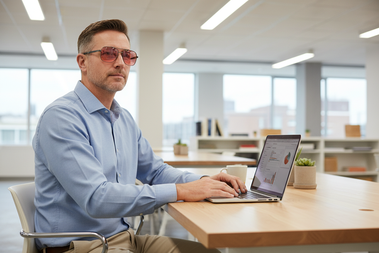 White man wearing gunmetal aviator FL-41 glasses at office